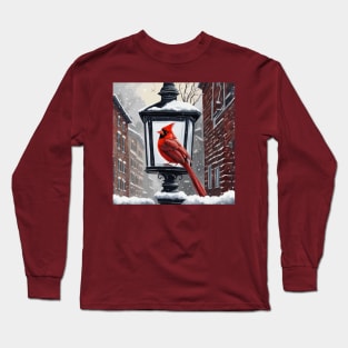 Cardinal Bird Sat On A Snow Covered Street Lantern Long Sleeve T-Shirt